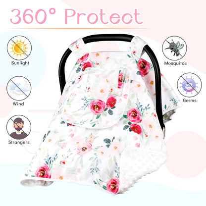 Baby Carseat Seat Cover Girls, Winter Carseat Canopy, Cozy & Warm Cover with Zipper Peep Windows, Infant Minky Carrier Cover, Soft Breathable, Baby Must Have, Retro Flower