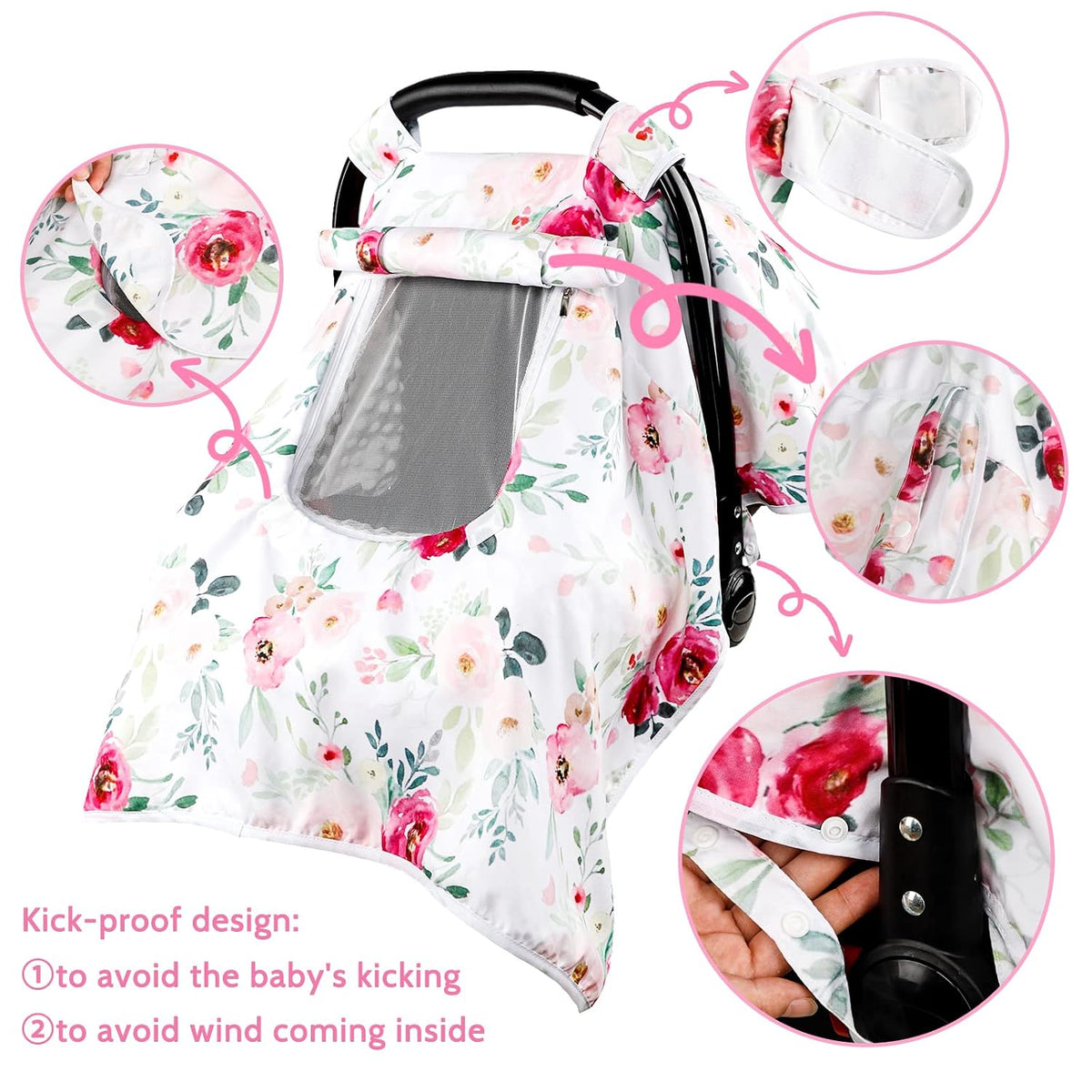 Baby Carseat Seat Cover Girls, Winter Carseat Canopy, Cozy & Warm Cover with Zipper Peep Windows, Infant Minky Carrier Cover, Soft Breathable, Baby Must Have, Retro Flower