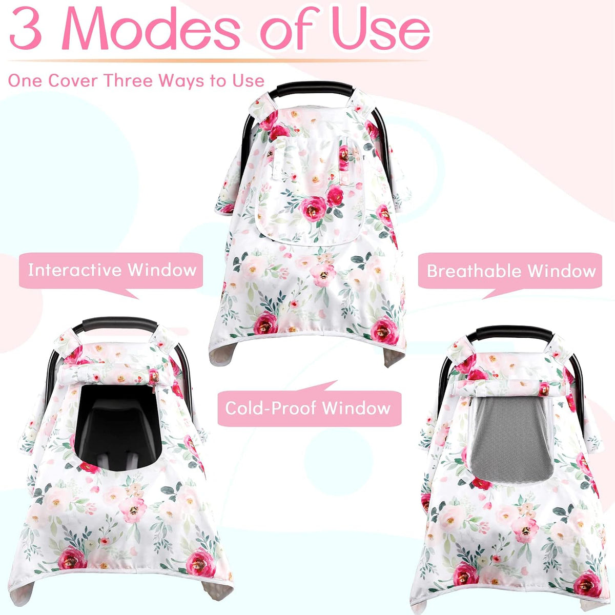 Baby Carseat Seat Cover Girls, Winter Carseat Canopy, Cozy & Warm Cover with Zipper Peep Windows, Infant Minky Carrier Cover, Soft Breathable, Baby Must Have, Retro Flower