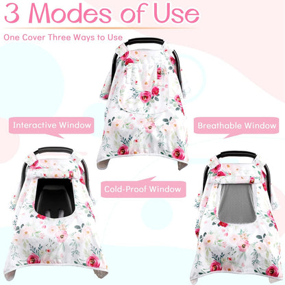 Baby Carseat Seat Cover Girls, Winter Carseat Canopy, Cozy & Warm Cover with Zipper Peep Windows, Infant Minky Carrier Cover, Soft Breathable, Baby Must Have, Retro Flower