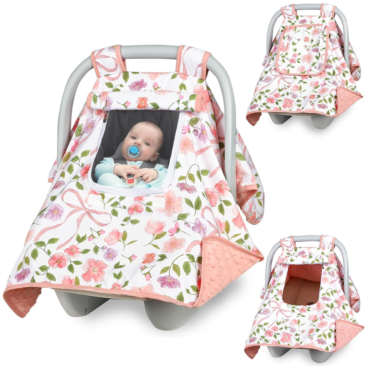 Baby Carseat Seat Cover Girls, Winter Carseat Canopy, Cozy & Warm Cover with Zipper Peep Windows, Infant Minky Carrier Cover, Soft Breathable, Baby Must Have, Retro Flower