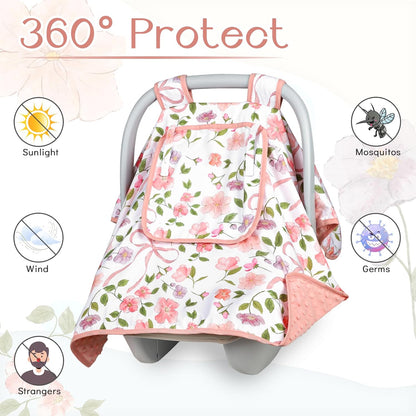 Baby Carseat Seat Cover Girls, Winter Carseat Canopy, Cozy & Warm Cover with Zipper Peep Windows, Infant Minky Carrier Cover, Soft Breathable, Baby Must Have, Retro Flower