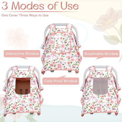 Baby Carseat Seat Cover Girls, Winter Carseat Canopy, Cozy & Warm Cover with Zipper Peep Windows, Infant Minky Carrier Cover, Soft Breathable, Baby Must Have, Retro Flower
