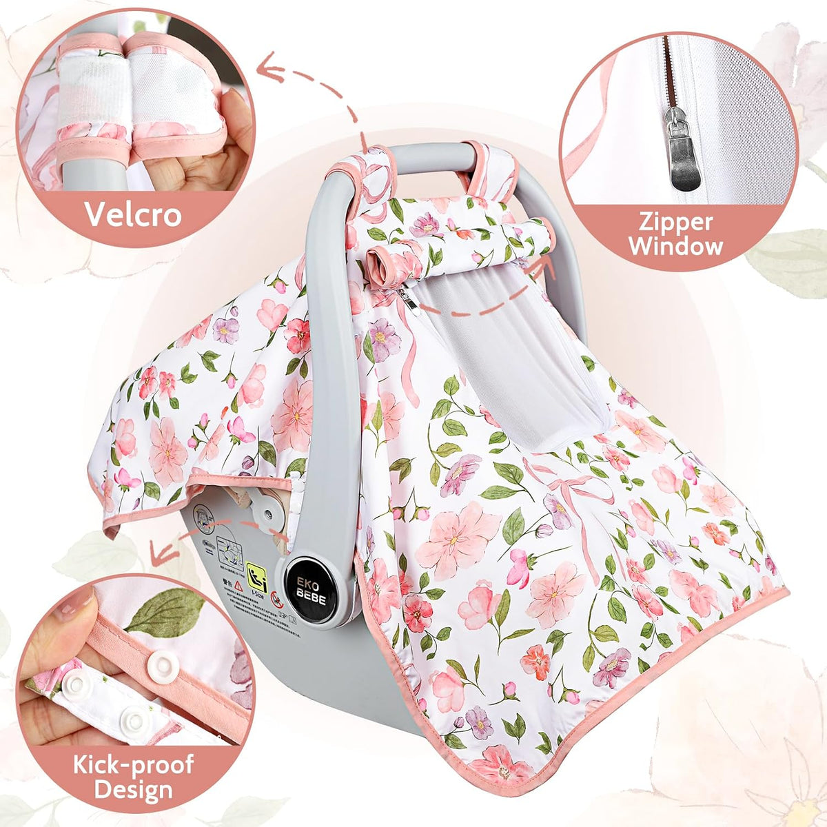 Baby Carseat Seat Cover Girls, Winter Carseat Canopy, Cozy & Warm Cover with Zipper Peep Windows, Infant Minky Carrier Cover, Soft Breathable, Baby Must Have, Retro Flower