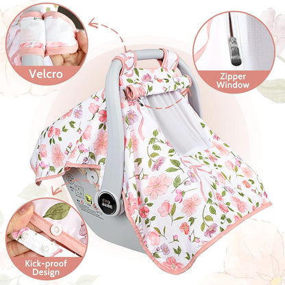 Baby Carseat Seat Cover Girls, Winter Carseat Canopy, Cozy & Warm Cover with Zipper Peep Windows, Infant Minky Carrier Cover, Soft Breathable, Baby Must Have, Retro Flower