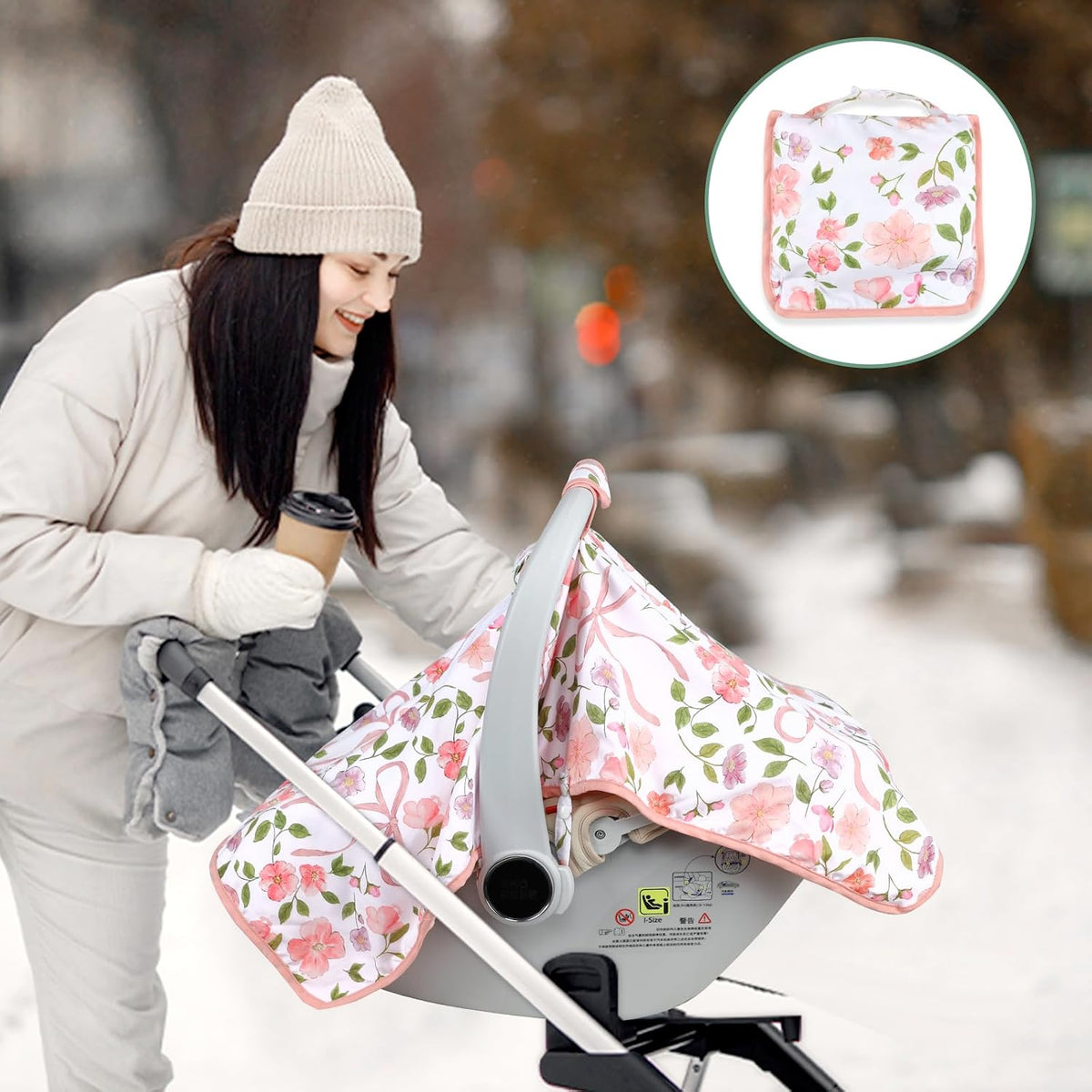 Baby Carseat Seat Cover Girls, Winter Carseat Canopy, Cozy & Warm Cover with Zipper Peep Windows, Infant Minky Carrier Cover, Soft Breathable, Baby Must Have, Retro Flower