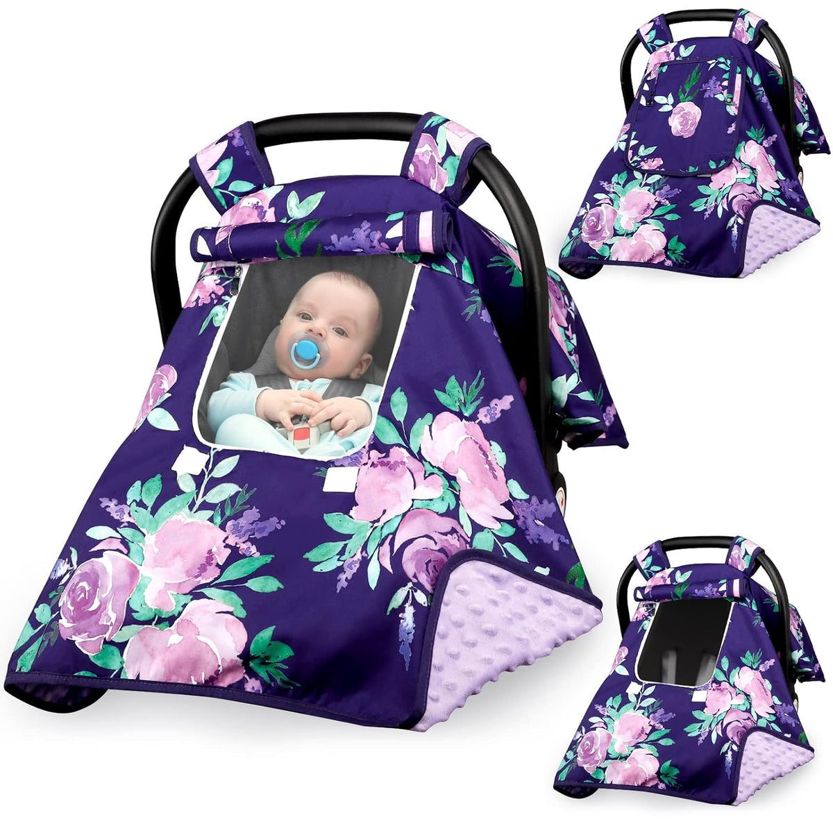 Baby Carseat Seat Cover Girls, Winter Carseat Canopy, Cozy & Warm Cover with Zipper Peep Windows, Infant Minky Carrier Cover, Soft Breathable, Baby Must Have, Retro Flower