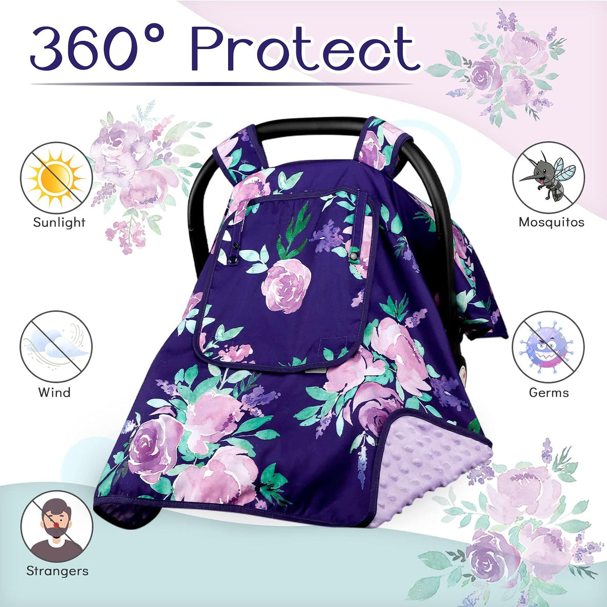 Baby Carseat Seat Cover Girls, Winter Carseat Canopy, Cozy & Warm Cover with Zipper Peep Windows, Infant Minky Carrier Cover, Soft Breathable, Baby Must Have, Retro Flower