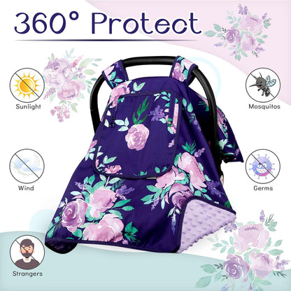 Baby Carseat Seat Cover Girls, Winter Carseat Canopy, Cozy & Warm Cover with Zipper Peep Windows, Infant Minky Carrier Cover, Soft Breathable, Baby Must Have, Retro Flower