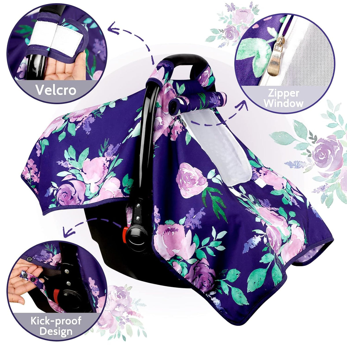 Baby Carseat Seat Cover Girls, Winter Carseat Canopy, Cozy & Warm Cover with Zipper Peep Windows, Infant Minky Carrier Cover, Soft Breathable, Baby Must Have, Retro Flower