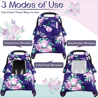 Baby Carseat Seat Cover Girls, Winter Carseat Canopy, Cozy & Warm Cover with Zipper Peep Windows, Infant Minky Carrier Cover, Soft Breathable, Baby Must Have, Retro Flower