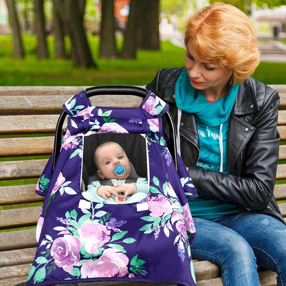 Baby Carseat Seat Cover Girls, Winter Carseat Canopy, Cozy & Warm Cover with Zipper Peep Windows, Infant Minky Carrier Cover, Soft Breathable, Baby Must Have, Retro Flower