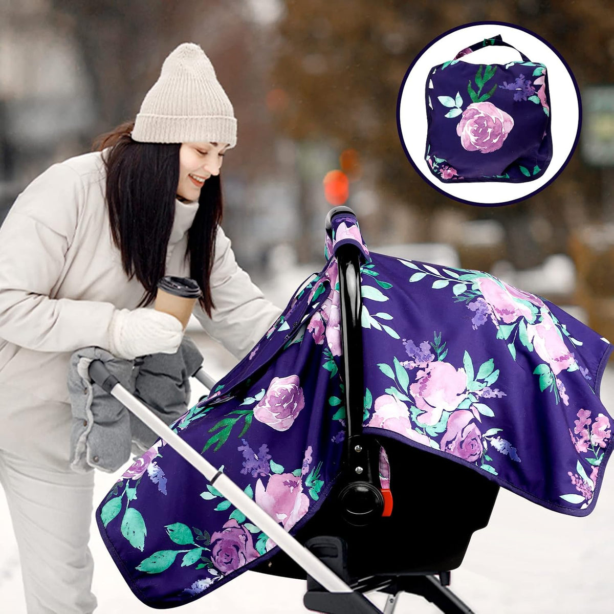 Baby Carseat Seat Cover Girls, Winter Carseat Canopy, Cozy & Warm Cover with Zipper Peep Windows, Infant Minky Carrier Cover, Soft Breathable, Baby Must Have, Retro Flower
