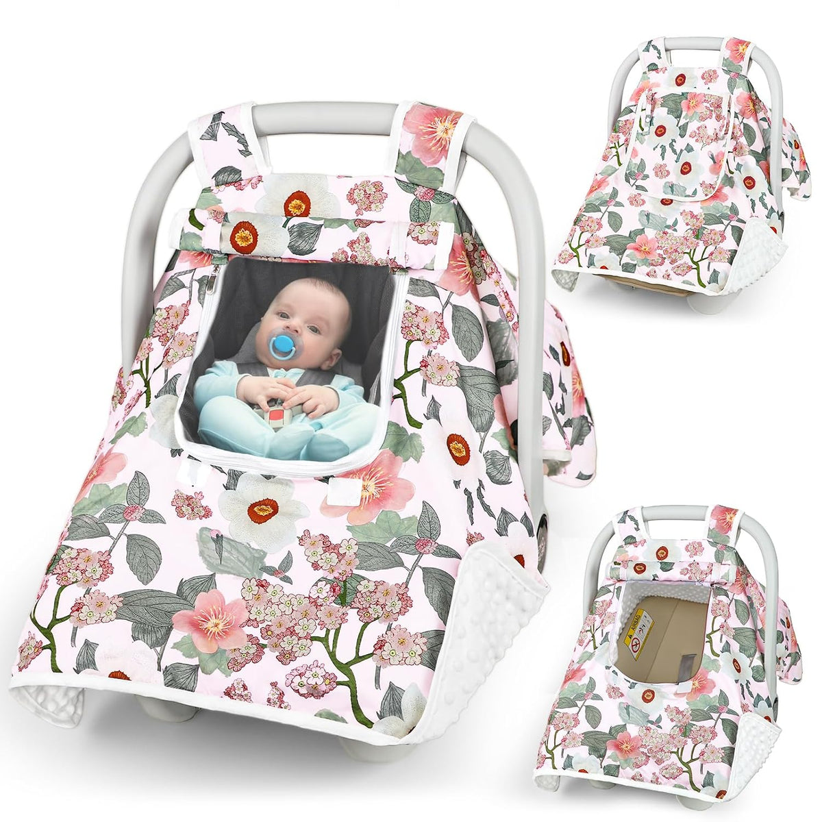 Baby Carseat Seat Cover Girls, Winter Carseat Canopy, Cozy & Warm Cover with Zipper Peep Windows, Infant Minky Carrier Cover, Soft Breathable, Baby Must Have, Retro Flower