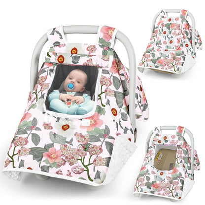 Baby Carseat Seat Cover Girls, Winter Carseat Canopy, Cozy & Warm Cover with Zipper Peep Windows, Infant Minky Carrier Cover, Soft Breathable, Baby Must Have, Retro Flower