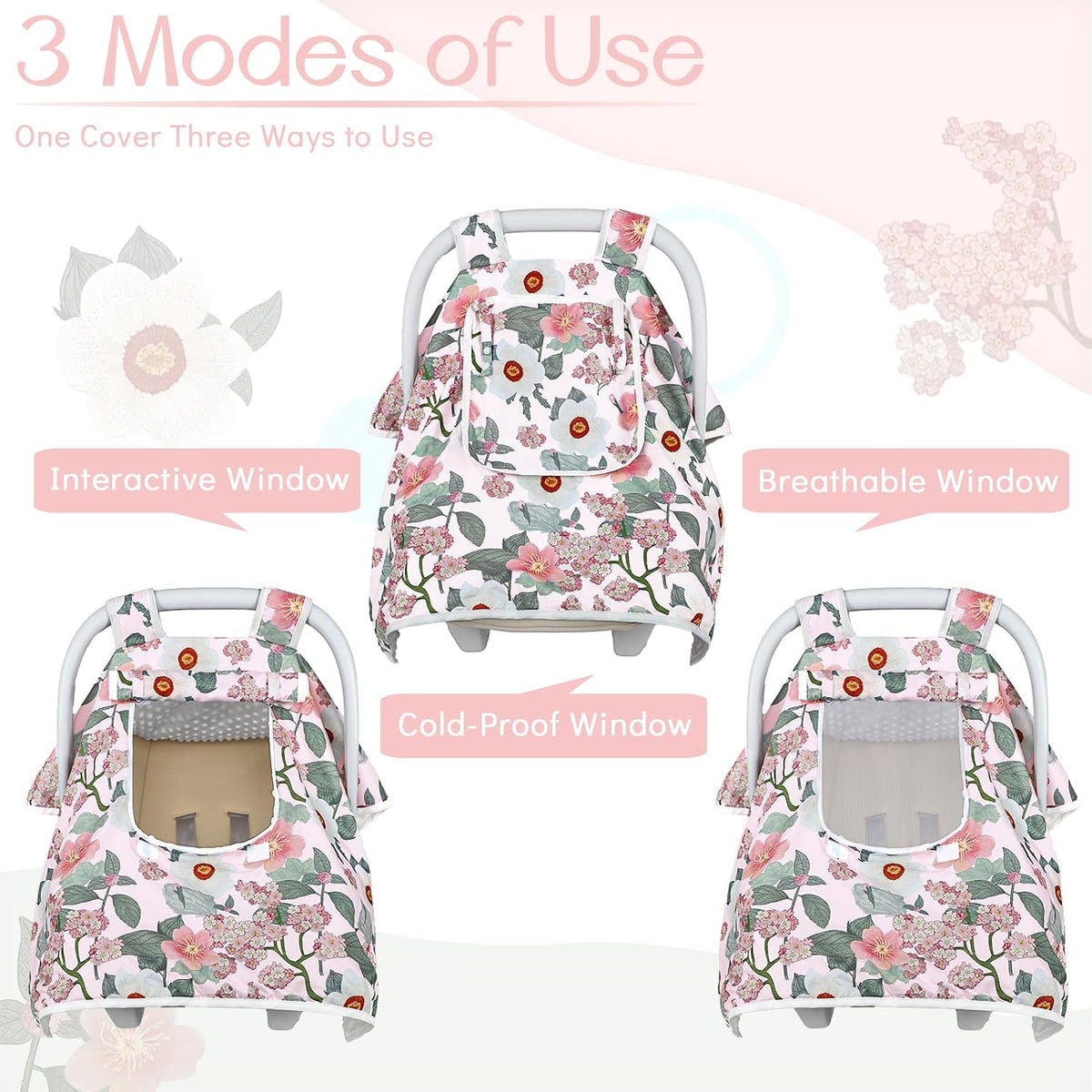 Baby Carseat Seat Cover Girls, Winter Carseat Canopy, Cozy & Warm Cover with Zipper Peep Windows, Infant Minky Carrier Cover, Soft Breathable, Baby Must Have, Retro Flower