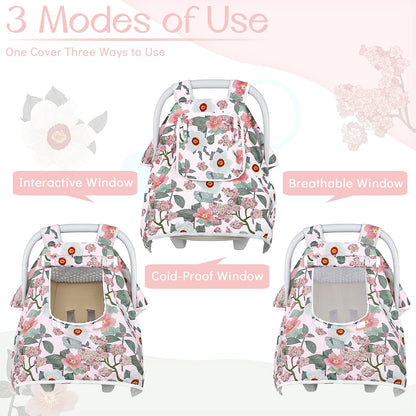 Baby Carseat Seat Cover Girls, Winter Carseat Canopy, Cozy & Warm Cover with Zipper Peep Windows, Infant Minky Carrier Cover, Soft Breathable, Baby Must Have, Retro Flower