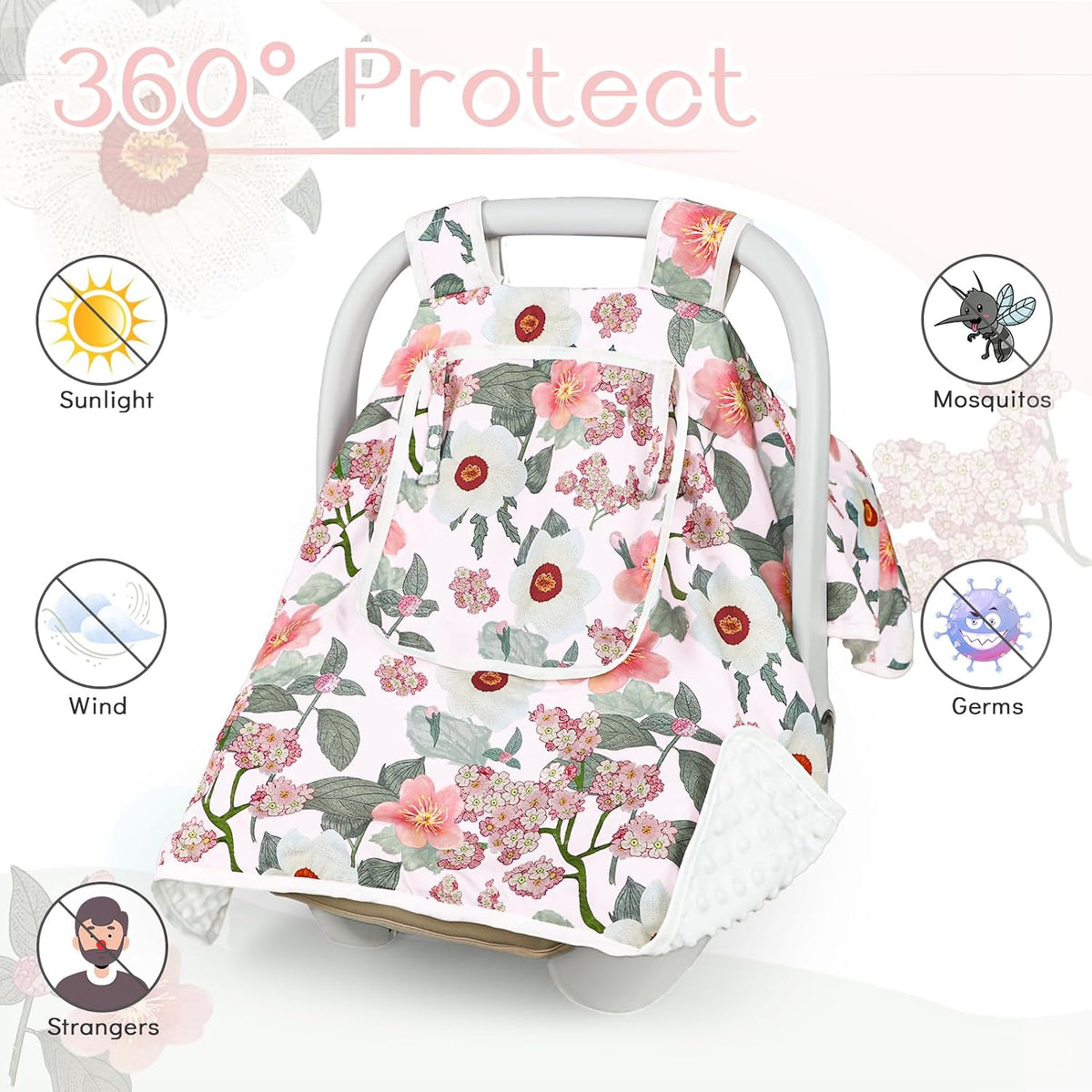 Baby Carseat Seat Cover Girls, Winter Carseat Canopy, Cozy & Warm Cover with Zipper Peep Windows, Infant Minky Carrier Cover, Soft Breathable, Baby Must Have, Retro Flower