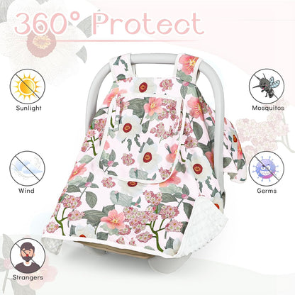 Baby Carseat Seat Cover Girls, Winter Carseat Canopy, Cozy & Warm Cover with Zipper Peep Windows, Infant Minky Carrier Cover, Soft Breathable, Baby Must Have, Retro Flower