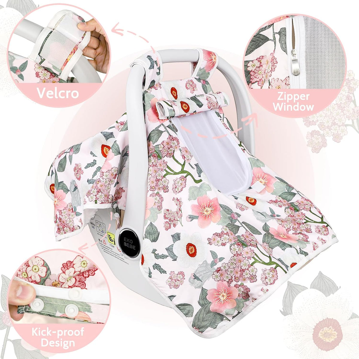 Baby Carseat Seat Cover Girls, Winter Carseat Canopy, Cozy & Warm Cover with Zipper Peep Windows, Infant Minky Carrier Cover, Soft Breathable, Baby Must Have, Retro Flower