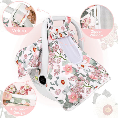 Baby Carseat Seat Cover Girls, Winter Carseat Canopy, Cozy & Warm Cover with Zipper Peep Windows, Infant Minky Carrier Cover, Soft Breathable, Baby Must Have, Retro Flower