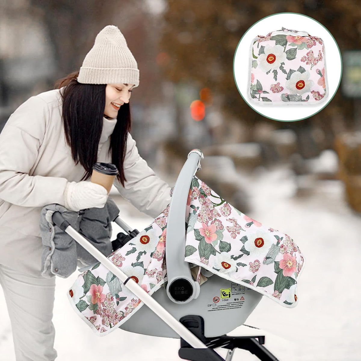 Baby Carseat Seat Cover Girls, Winter Carseat Canopy, Cozy & Warm Cover with Zipper Peep Windows, Infant Minky Carrier Cover, Soft Breathable, Baby Must Have, Retro Flower