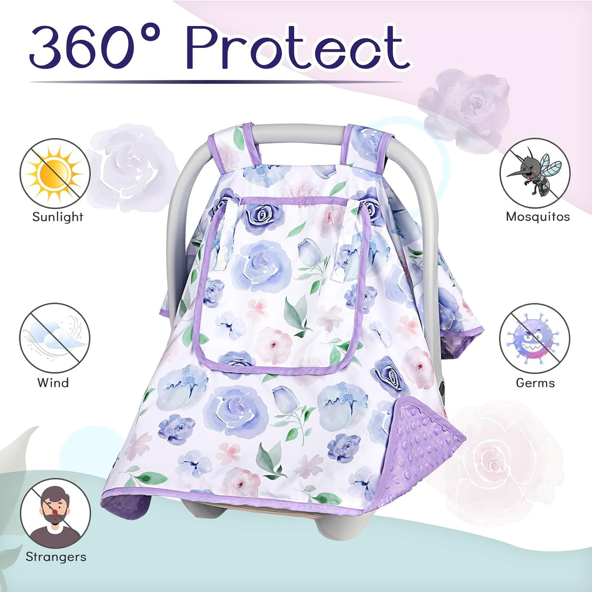 Baby Carseat Seat Cover Girls, Winter Carseat Canopy, Cozy & Warm Cover with Zipper Peep Windows, Infant Minky Carrier Cover, Soft Breathable, Baby Must Have, Retro Flower