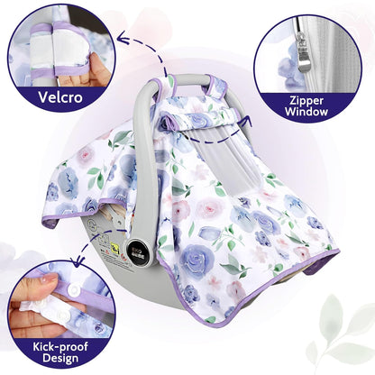 Baby Carseat Seat Cover Girls, Winter Carseat Canopy, Cozy & Warm Cover with Zipper Peep Windows, Infant Minky Carrier Cover, Soft Breathable, Baby Must Have, Retro Flower
