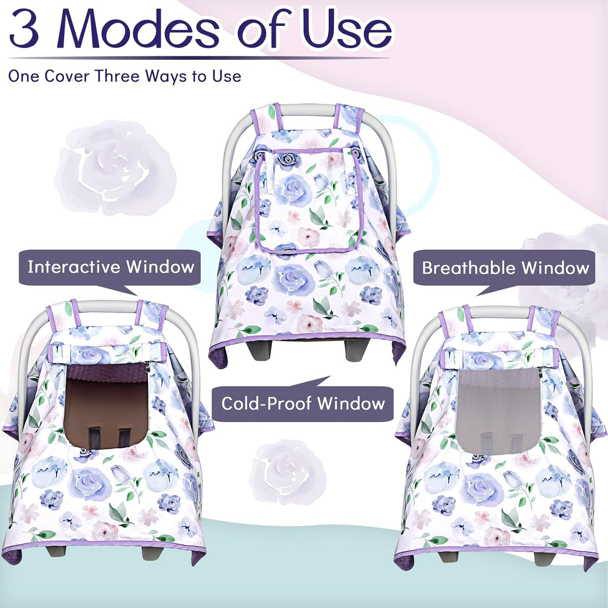Baby Carseat Seat Cover Girls, Winter Carseat Canopy, Cozy & Warm Cover with Zipper Peep Windows, Infant Minky Carrier Cover, Soft Breathable, Baby Must Have, Retro Flower