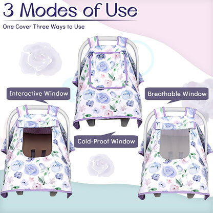 Baby Carseat Seat Cover Girls, Winter Carseat Canopy, Cozy & Warm Cover with Zipper Peep Windows, Infant Minky Carrier Cover, Soft Breathable, Baby Must Have, Retro Flower