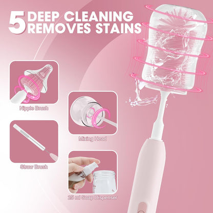 Electric Bottle Brush Cleaner,Electric Baby Bottle Brush Cleaner with Silicone Nipple&Straw Brush,Soap Dispenser,Drying Rack-Waterproof,Long Battery Life,Travel Bottle Cleaner Kit for Babies