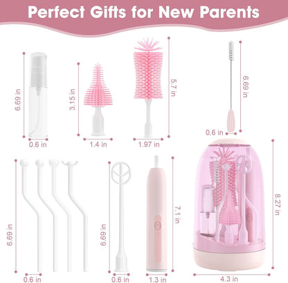 Electric Bottle Brush Cleaner,Electric Baby Bottle Brush Cleaner with Silicone Nipple&Straw Brush,Soap Dispenser,Drying Rack-Waterproof,Long Battery Life,Travel Bottle Cleaner Kit for Babies