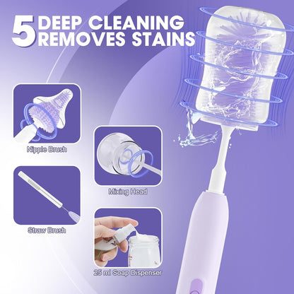 Electric Bottle Brush Cleaner,Electric Baby Bottle Brush Cleaner with Silicone Nipple&Straw Brush,Soap Dispenser,Drying Rack-Waterproof,Long Battery Life,Travel Bottle Cleaner Kit for Babies