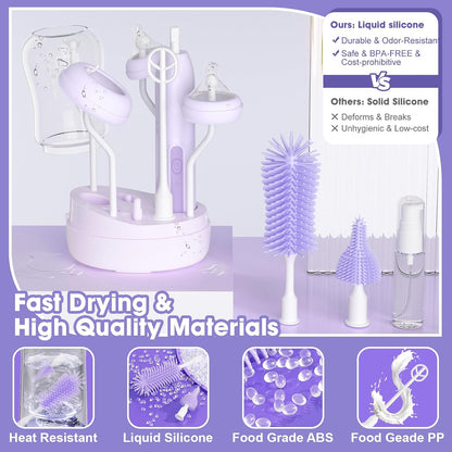 Electric Bottle Brush Cleaner,Electric Baby Bottle Brush Cleaner with Silicone Nipple&Straw Brush,Soap Dispenser,Drying Rack-Waterproof,Long Battery Life,Travel Bottle Cleaner Kit for Babies