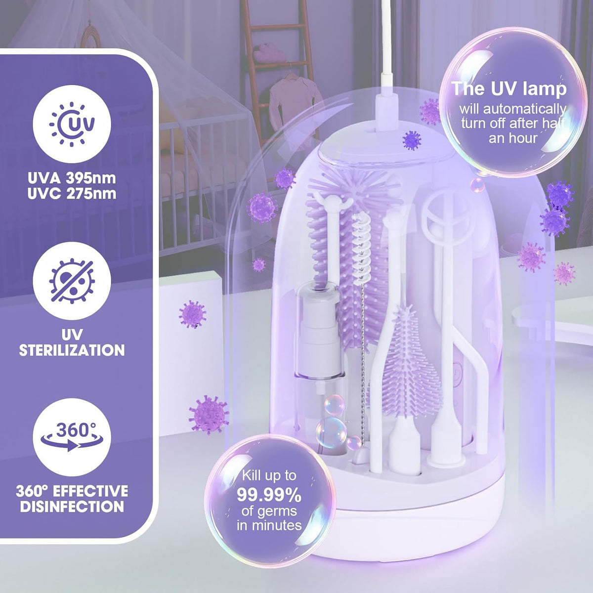 Electric Bottle Brush Cleaner,Electric Baby Bottle Brush Cleaner with Silicone Nipple&Straw Brush,Soap Dispenser,Drying Rack-Waterproof,Long Battery Life,Travel Bottle Cleaner Kit for Babies