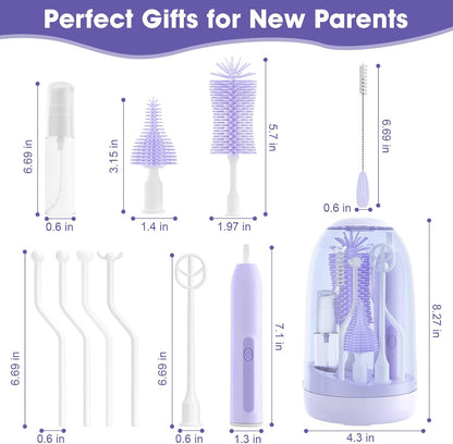 Electric Bottle Brush Cleaner,Electric Baby Bottle Brush Cleaner with Silicone Nipple&Straw Brush,Soap Dispenser,Drying Rack-Waterproof,Long Battery Life,Travel Bottle Cleaner Kit for Babies