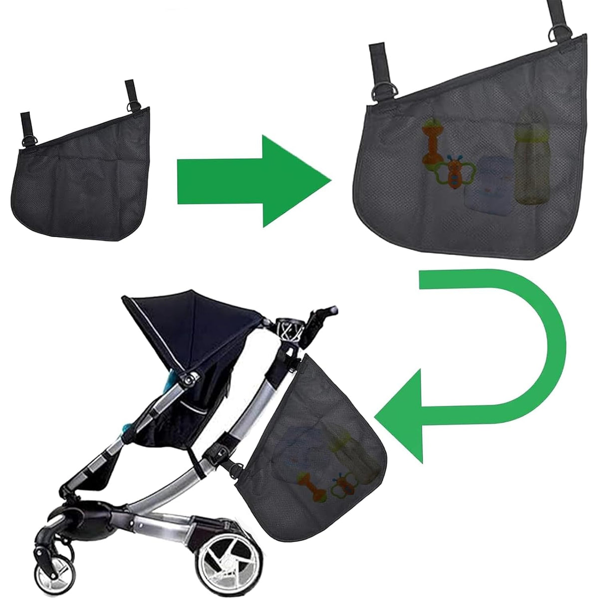 2 Pack Universal Side Sling Stroller Mesh Cargo Net and Organizer, Non-Slip and Adjustable Straps, Extra Stroller Storage Space (Black)