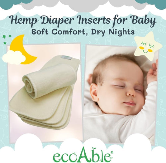 4-Layer Hemp Diaper Inserts – Overnight Boosters for Heavy Wetters – Reusable Absorbency Doublers – Fits Pocket, Cotton Prefold & Cover – Washable Natural Fiber Liners (Pack of 5)