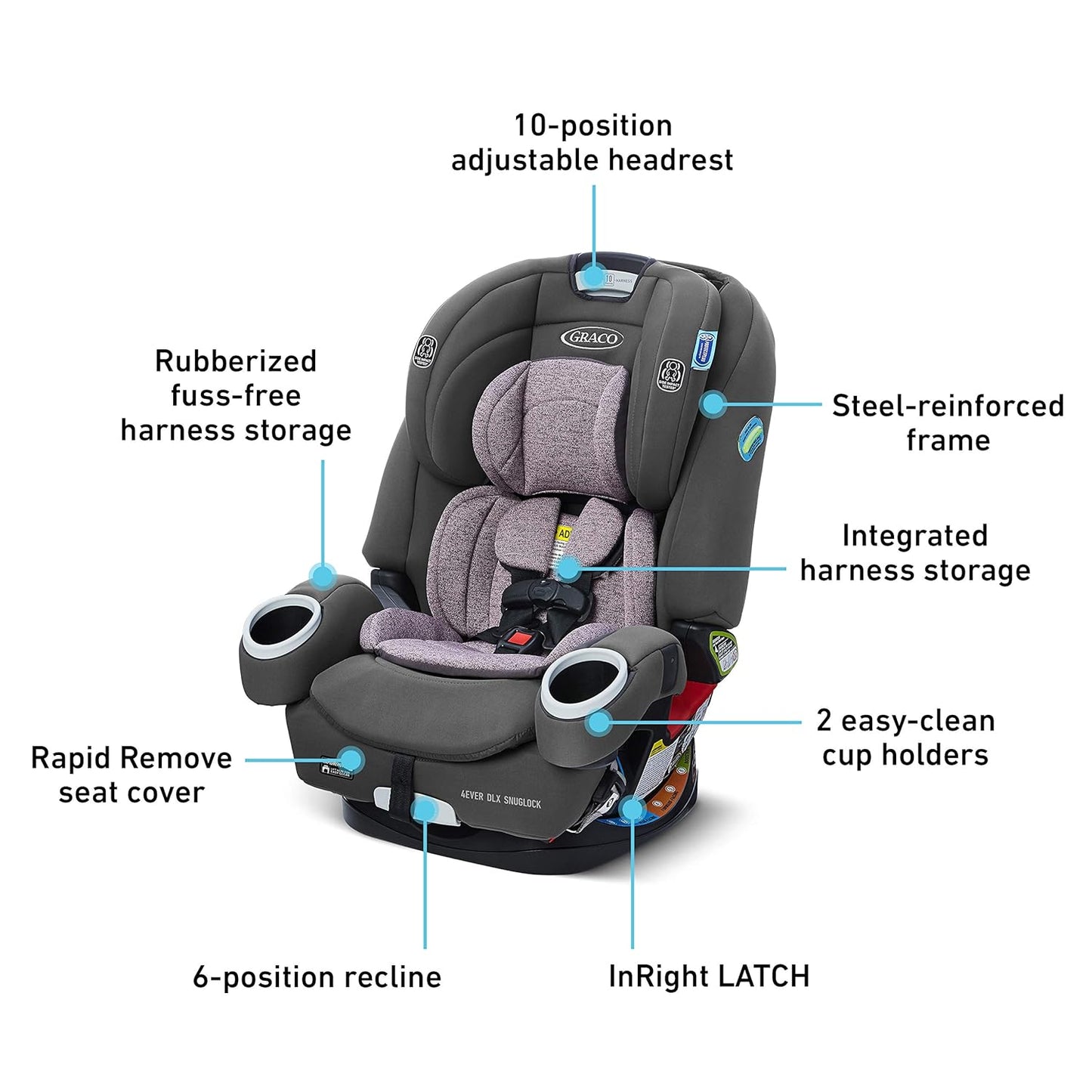 4Ever DLX SnugLock 4 in 1 Car Seat | Infant to Toddler Car Seat, with 10 Years of Use | Featuring Easy-Install SnugLock Technology, Leila , 21x19x24.5 Inch (Pack of 1)