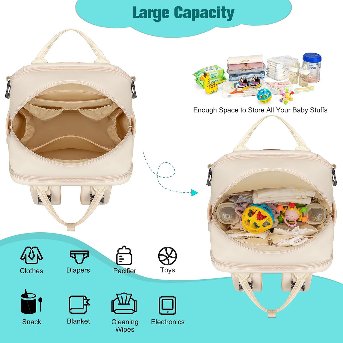 Diaper Bag Backpack With Changing Pad & Pacifier Holder