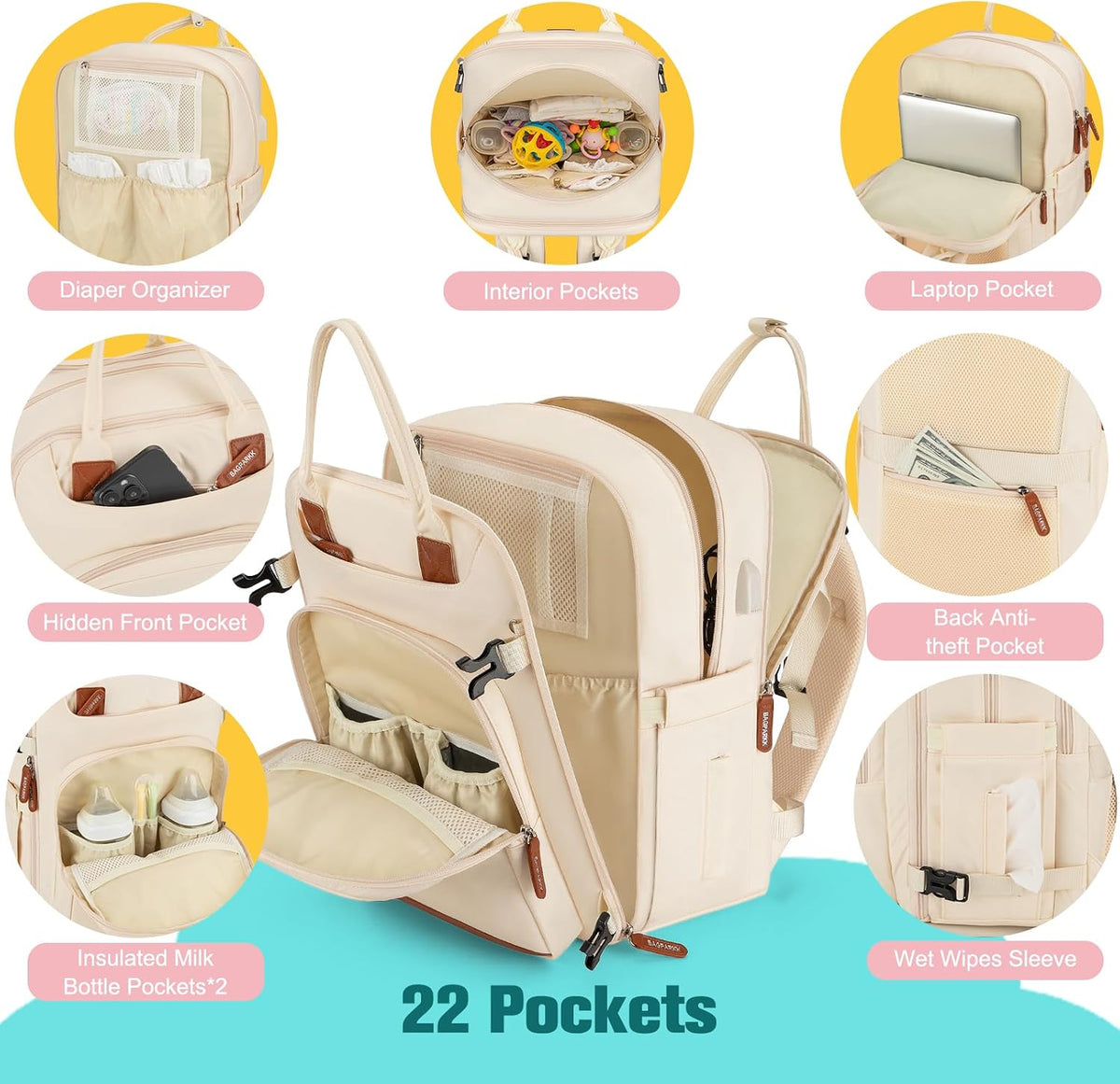 Diaper Bag Backpack With Changing Pad & Pacifier Holder