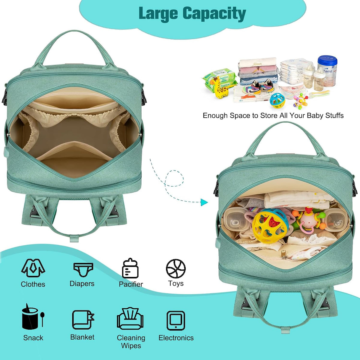Diaper Bag Backpack With Changing Pad & Pacifier Holder