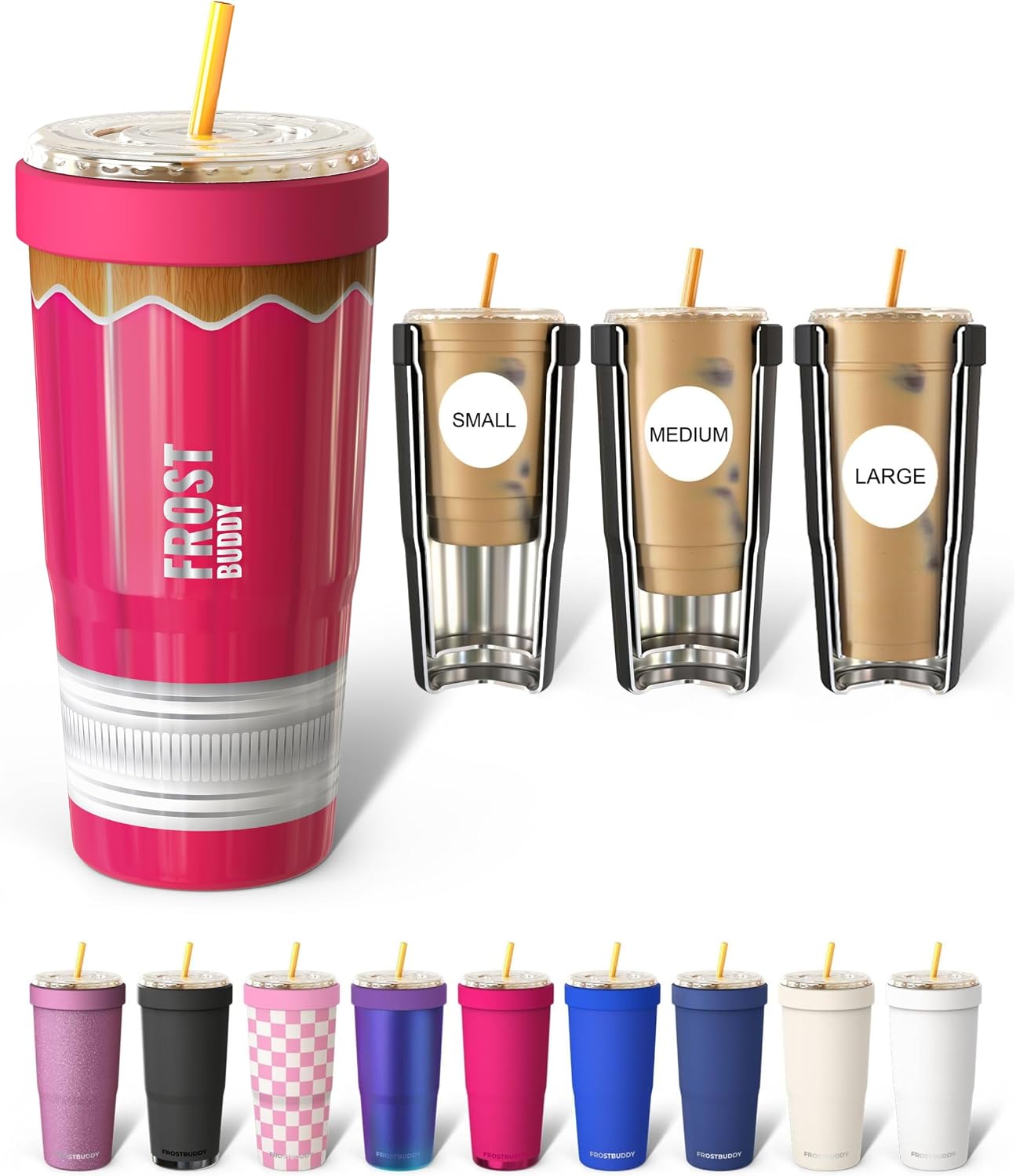 Togo Buddy 30 oz Stainless Steel Vacuum Insulated Tumbler To Go Coffee Cup – Iced Coffee Cups, Iced Coffee Sleeve, Travel Mug, Thermal Cup for Hot & Cold Drinks, Dunkin Cup (Pink Pencil) - Colors B