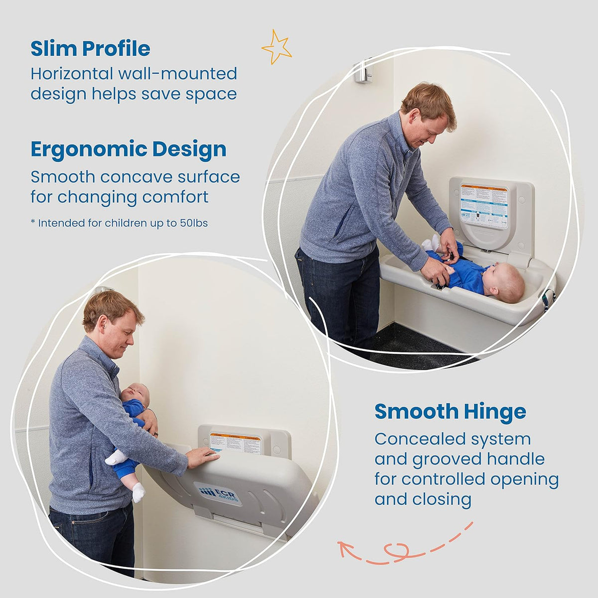 Horizontal Wall-Mounted Baby Changing Station, Slim, White Granite