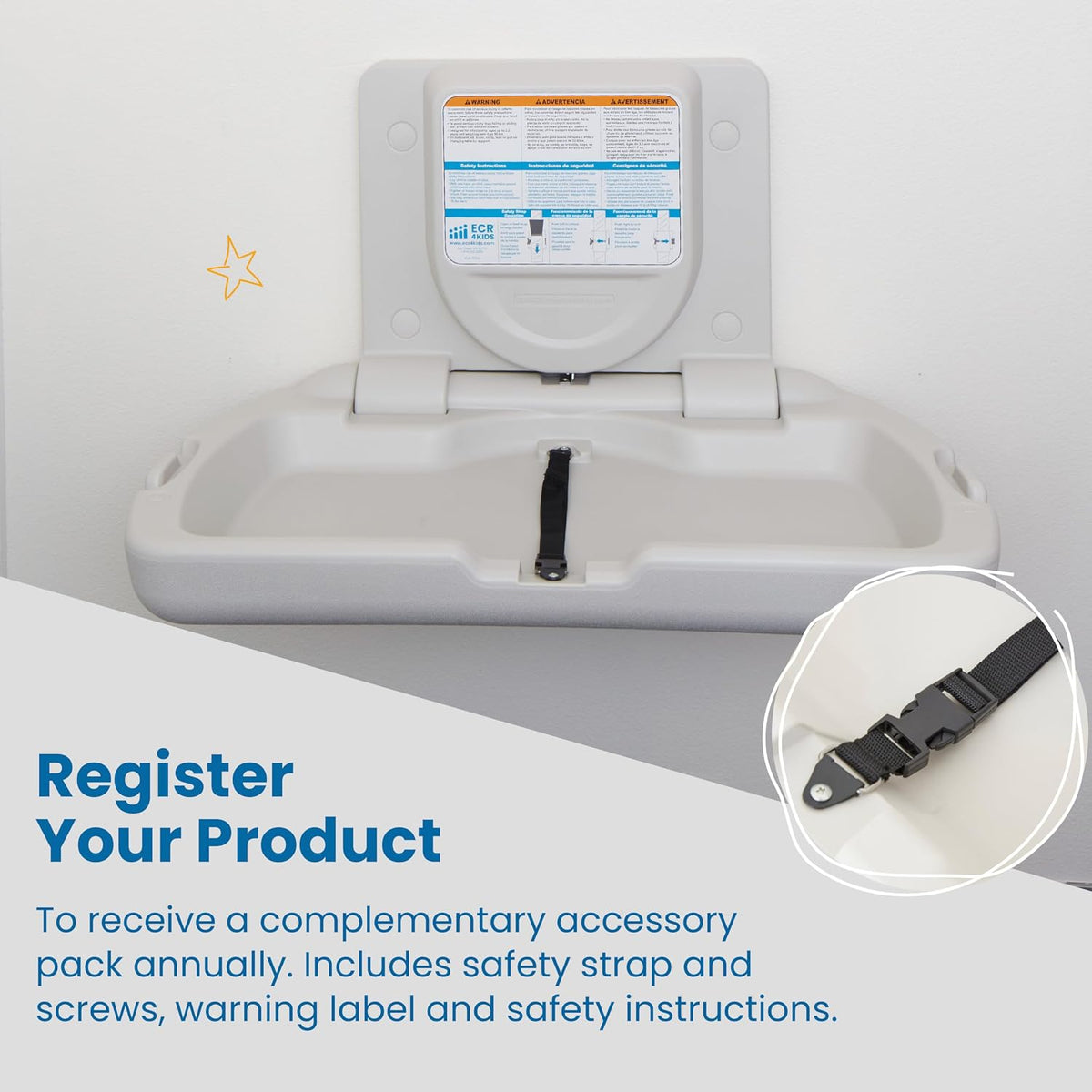 Horizontal Wall-Mounted Baby Changing Station, Slim, White Granite