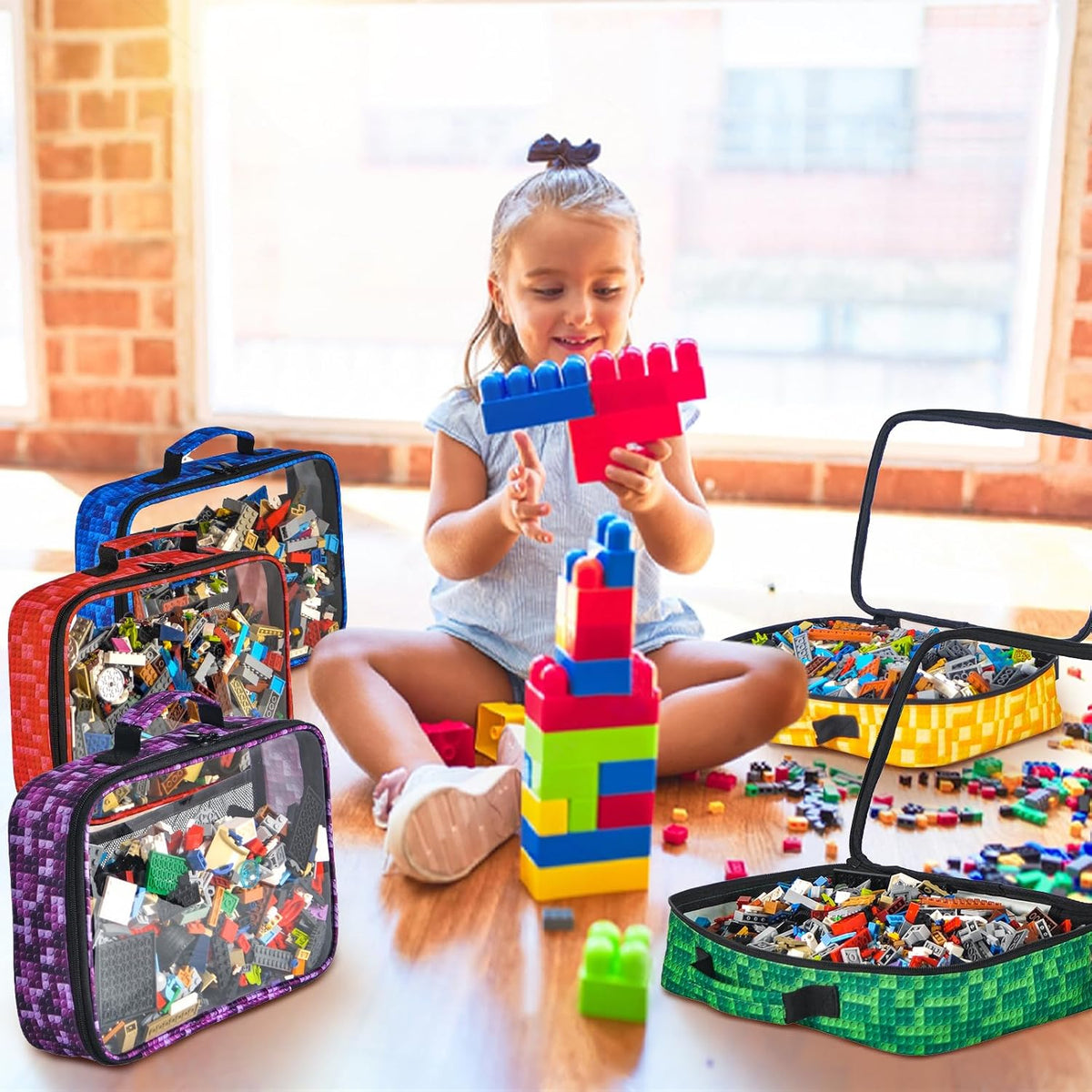 Toy Storage Organizer Basket Bag with Drawstring for Buliding Bricks, Blockets,Puzzles,Playroom Cinch Bucket Carrying Bag with Handle (Blue)