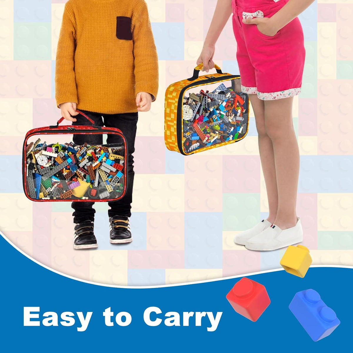 Toy Storage Organizer Basket Bag with Drawstring for Buliding Bricks, Blockets,Puzzles,Playroom Cinch Bucket Carrying Bag with Handle (Blue)