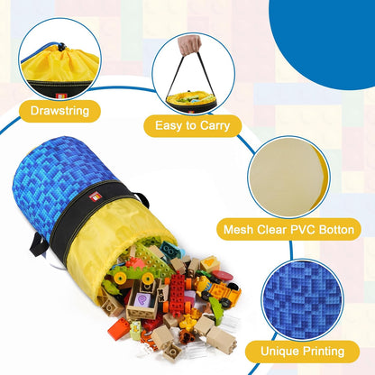 Toy Storage Organizer Basket Bag with Drawstring for Buliding Bricks, Blockets,Puzzles,Playroom Cinch Bucket Carrying Bag with Handle (Blue)