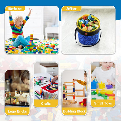 Toy Storage Organizer Basket Bag with Drawstring for Buliding Bricks, Blockets,Puzzles,Playroom Cinch Bucket Carrying Bag with Handle (Blue)