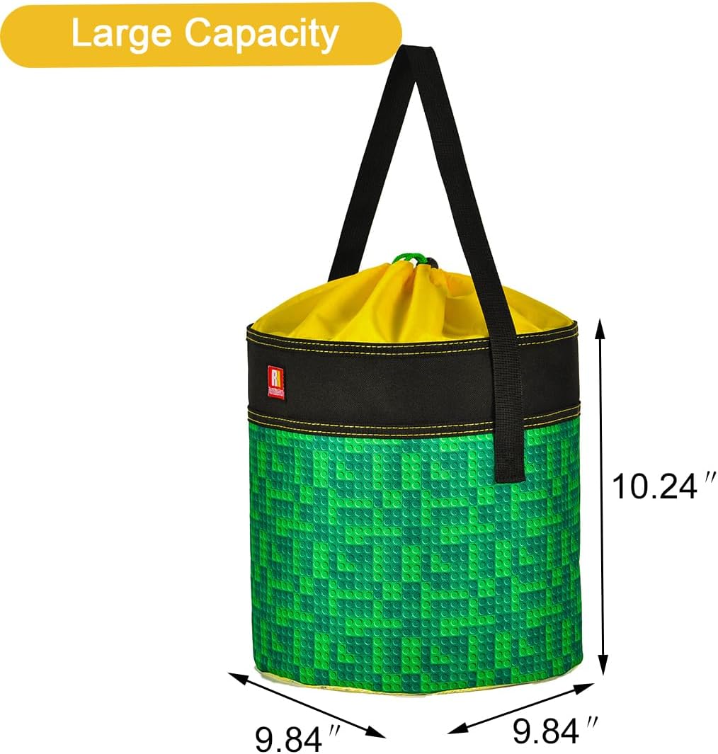 Toy Storage Organizer Basket Bag with Drawstring for Buliding Bricks, Blockets,Puzzles,Playroom Cinch Bucket Carrying Bag with Handle (Blue)